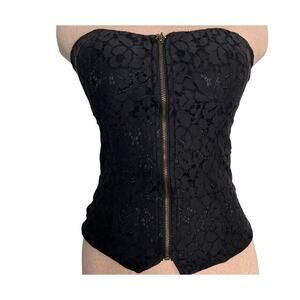 Full Tilt Bustier Top M Padded Bra Lace Overlay Front Zip Strapless Smocked Back